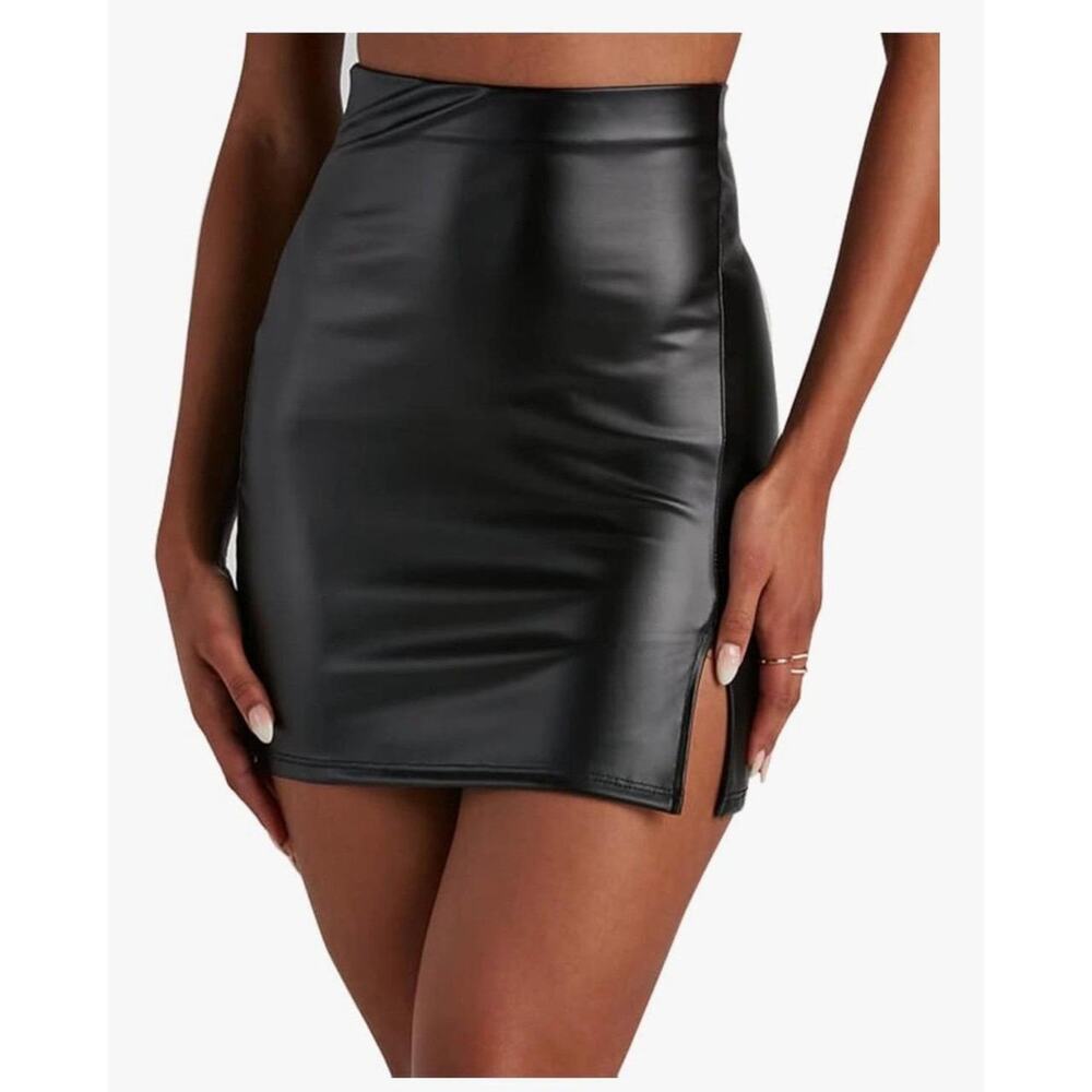 Black Faux Leather Mini Skirt with Side Slit SZ M NWOT